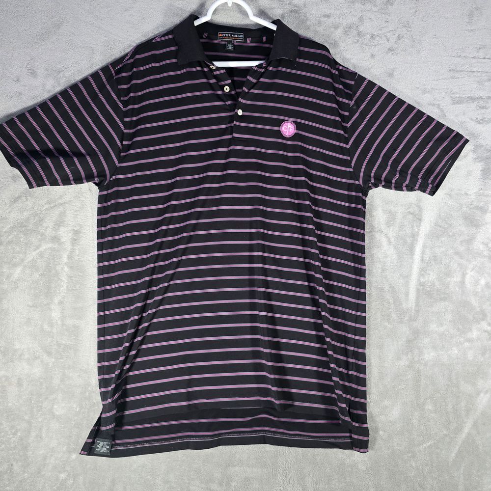 Peter Millar Summer Comfort Black Purple Striped Golf‎ Polo Shirt L Large